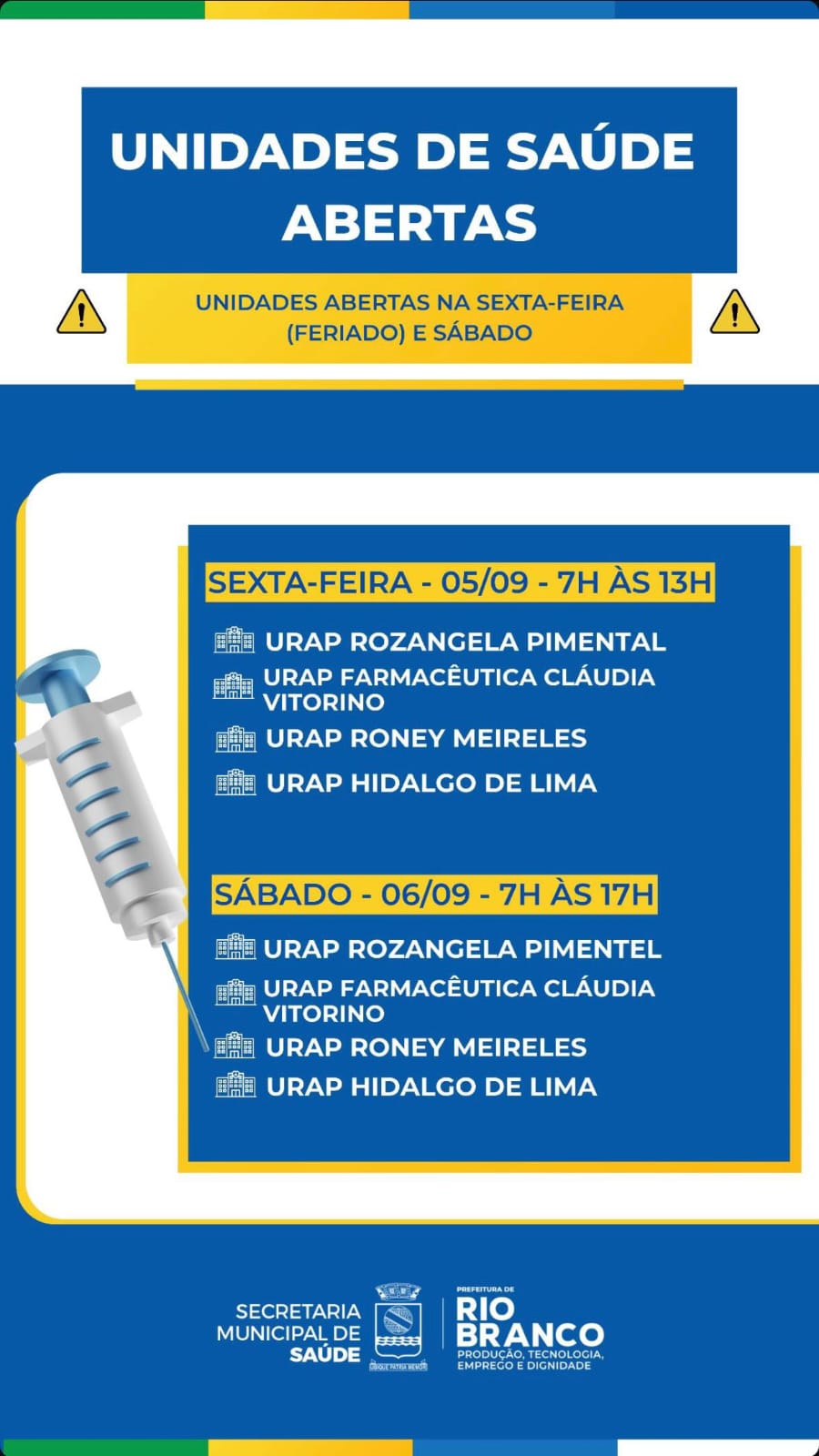 Unidades de Saúde de Rio Branco estarão abertas durante o feriado e fim de semana 1 0d8619b3 52bb 4c8e 8c03 60c026733538